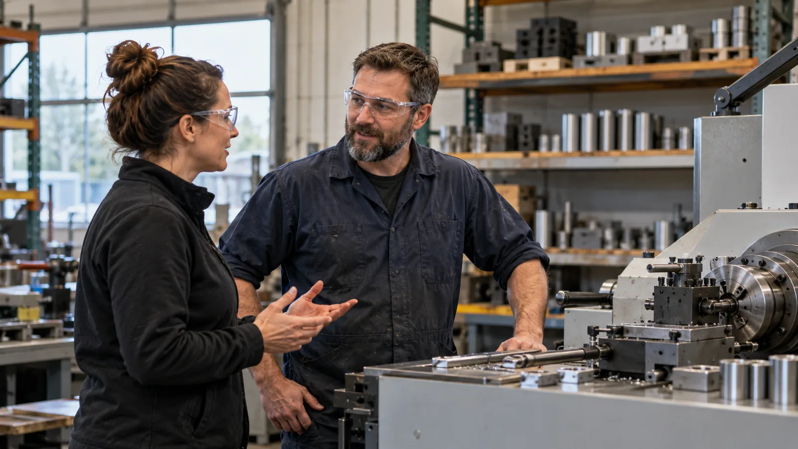An owner and technician talking beside precision machining equipment.